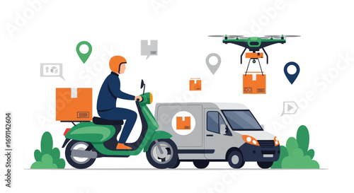 Illustration of a delivery service featuring a scooter, van, and drone transporting packages.
