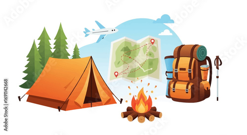 Camping gear, map, and fire, set against a backdrop of trees and an airplane, depict outdoor adventure.
