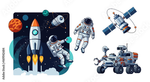 Space exploration illustration featuring astronauts, rockets, satellites, and a rover.