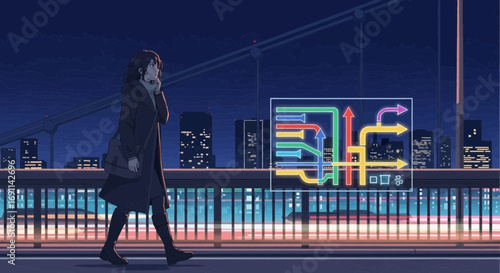 Urban night walk with illuminated metro map illustration on bridge scenery