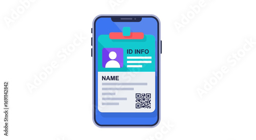 A smartphone displays a digital ID card with a user profile, name, and QR code.