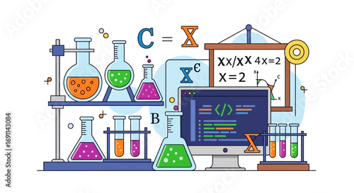 Illustration of a laboratory setting with beakers, test tubes, a computer displaying code, and mathematical equations on a whiteboard.