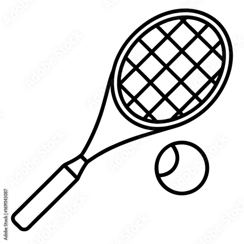Tennis racket and ball outline vector, a modern tennis racket icon art design, black vector of tennis ball, simple sports ball art, tennis racket isolated