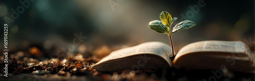 Close-up of a Book Growing Green Sprouts in the Morning Sun: Knowledge is Power, Bible Study Class Material	