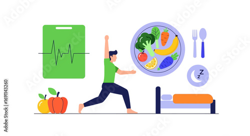 A person exercising and following healthy habits, including diet and rest, for well-being.