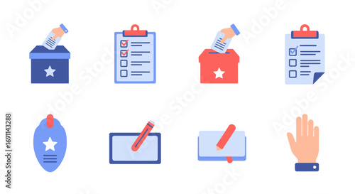 Illustrations depicting various elements related to voting, including ballot boxes and checklists.