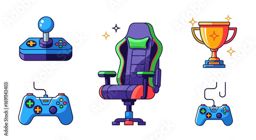 Gaming essentials: controller, chair, and trophy symbolize victory and comfortable gameplay.