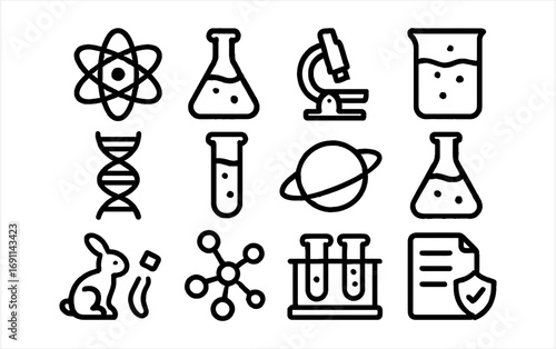 Modern science icon set for experiments, research, and education in sleek line art design
