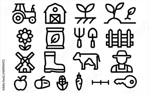Charming farming icon set offers a modern, scalable design for agriculture projects and rural themes