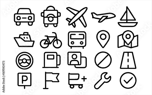 Transportation icon set: Cars, planes, boats, buses, bikes for travel and navigation apps