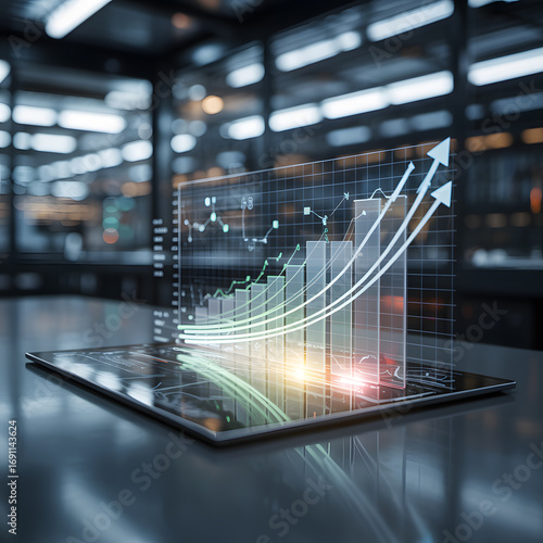 Futuristic digital growth chart displayed on a tablet in a modern industrial setting illustrating business success and innovation