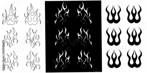 Collection of stylized flame designs in black and white for graphic design and decoration