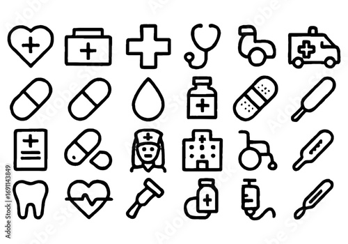 Essential medical icons for healthcare, wellness and doctor visit in a simple line art style