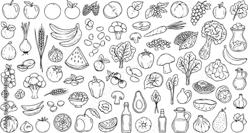 Big Vector Set of Healthy Food Ingredients with Hand-Drawn Sketches, Isolated Organic Food and Nutrition Objects