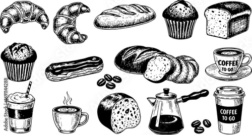 Coffee and Bakery Vector Elements with Hand-Drawn Vintage Sketch Illustrations of Pastry, Latte, Cappuccino and Coffee To Go Cup Template Design