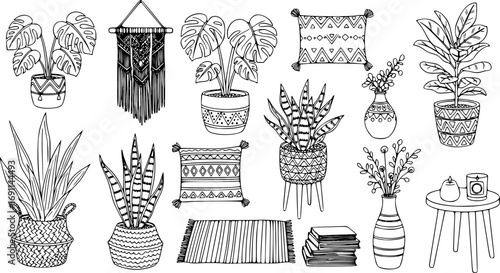 Home Decor and House Plants Vector Set with Hand-Drawn Interior Design Elements, Isolated Boho and Scandinavian Style Sketches