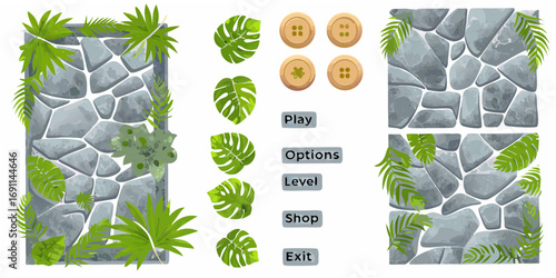 Jungle themed game interface elements with stone walls and tropical leaves