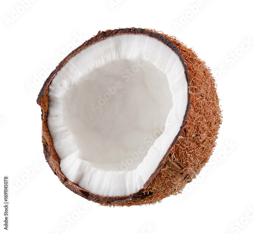 Beautifully retouched coconut half isolated on white