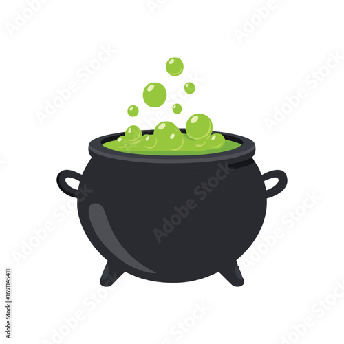 Black cauldron bubbling with green liquid and bubbles witch magic