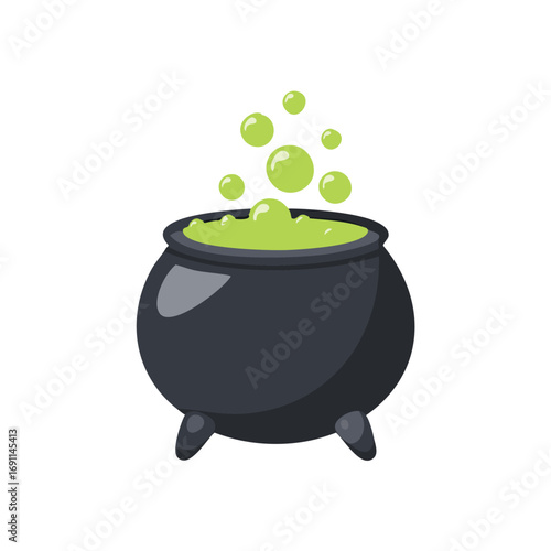 Black cauldron bubbling with green potion and bubbles vector