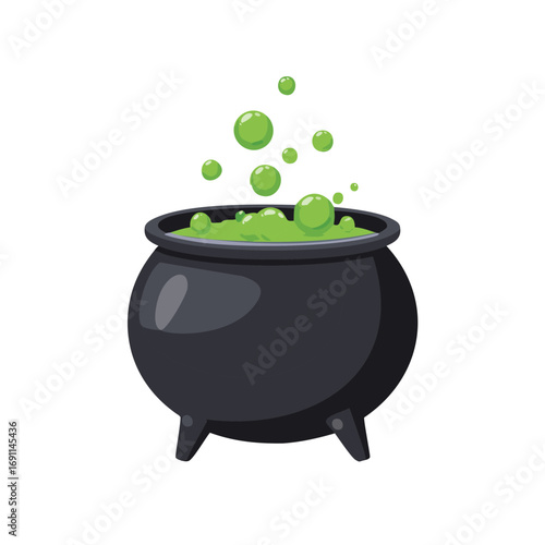 Black cauldron bubbling with green potion and vapor liquid