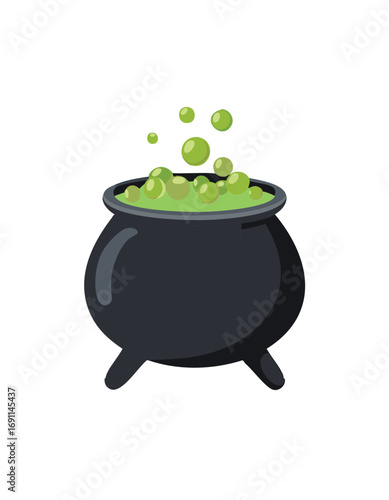Black cauldron bubbling with green potion and floating orbs vector