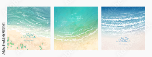 Set of vector square landscape background. Beautiful illustration of sandy summer beach. Summer holidays card, poster or banner design template