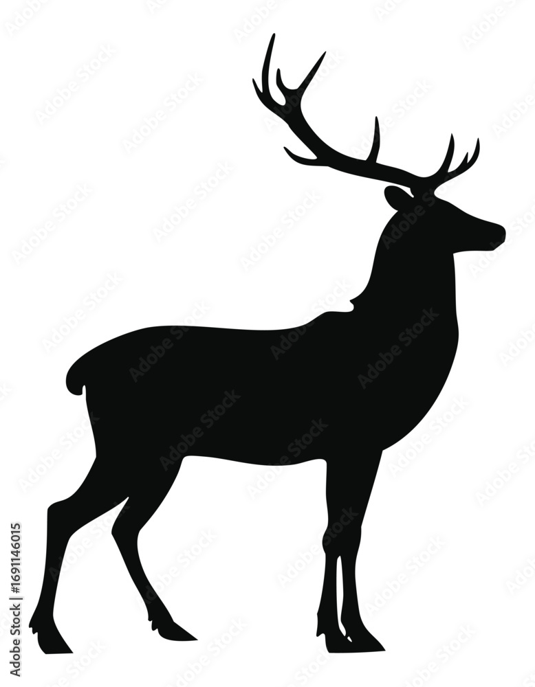 Obraz premium Black silhouette of a stag with large antlers deer white background