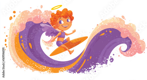 Angel Surfer Dude Catching a Big Wave Illustration with Angelic Wings and Halo Cartoon Style