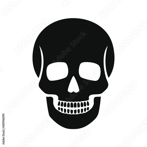 Black skull silhouette with white eye sockets and teeth human skull
