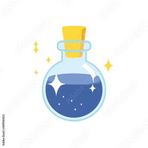 Blue liquid potion bottle with yellow cork and sparkles vector