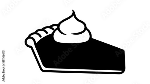 A simple black and white icon of a delicious pie slice topped with whipped cream.