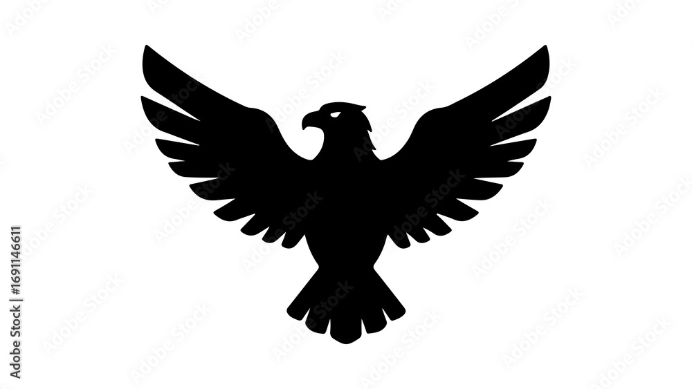 Obraz premium Black eagle silhouette with powerful wings spread wide.