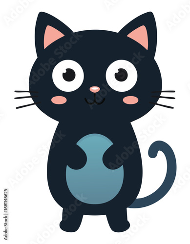 Cute black cat with big eyes and pink cheeks cartoon animal