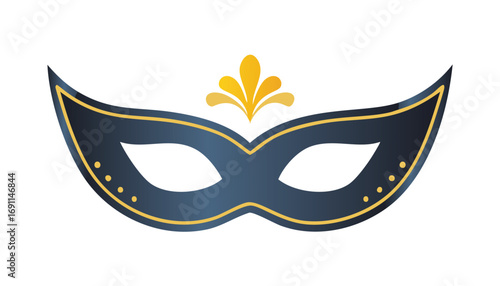 Dark blue masquerade mask with golden accents and decorative flourish ornate