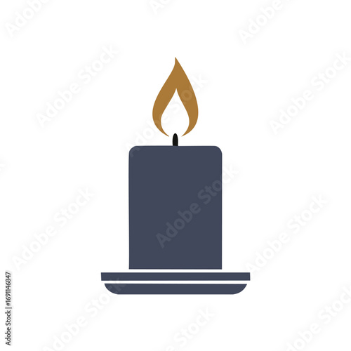 Dark blue candle with golden flame on white burning light