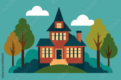 Charming red house illustration surrounded by lush green trees and white clouds