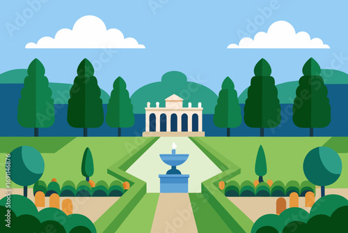 Beautiful outdoor landscape vector illustration of a formal garden with a mansion and fountain