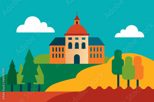Vibrant vector illustration of a grand building on a rolling hilltop landscape