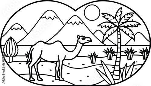 Desert camel oasis scene with mountains and palm tree majestic landscape