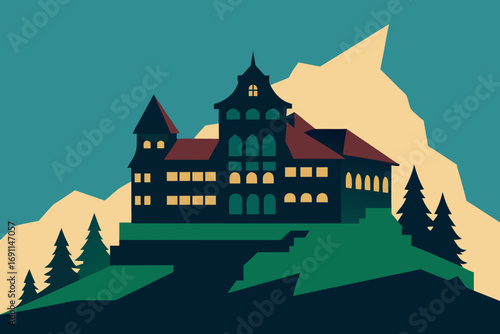 Vector illustration of a spooky mansion on a hilltop amidst mountains