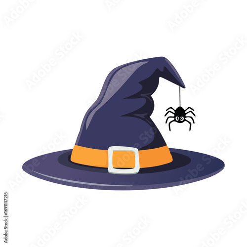 Dark purple witch hat with orange band and dangling spider halloween costume