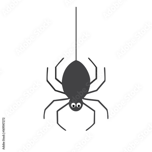 Dark spider hanging from thread with googly eyes black