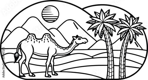 Desert oasis camel scene with palm trees mountains and cacti outline art