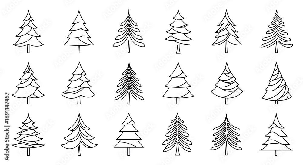 Obraz premium Minimalist Christmas Tree Line Art Set in Black and White