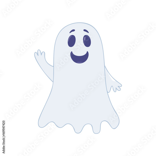 Friendly waving pale blue ghost with purple eyes and mouth purple mouth