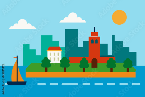 Flat design urban landscape with sailboat and tall buildings vector illustration