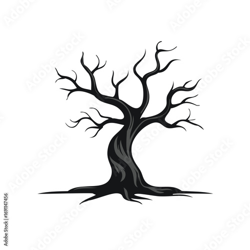 Gnarled black tree with bare branches and dark gray shading vector