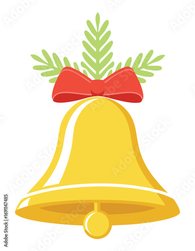 Golden bell with red bow and green sprigs yellow