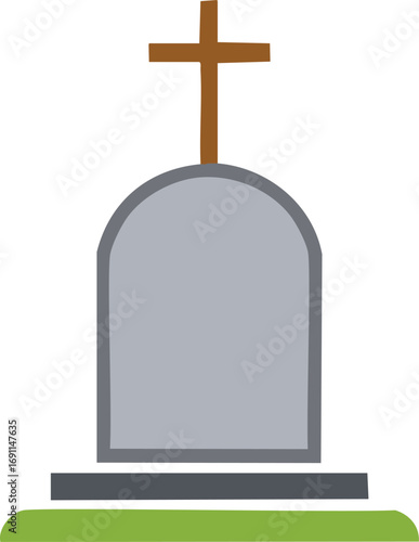 Gray tombstone with brown cross on green ground grave cemetery